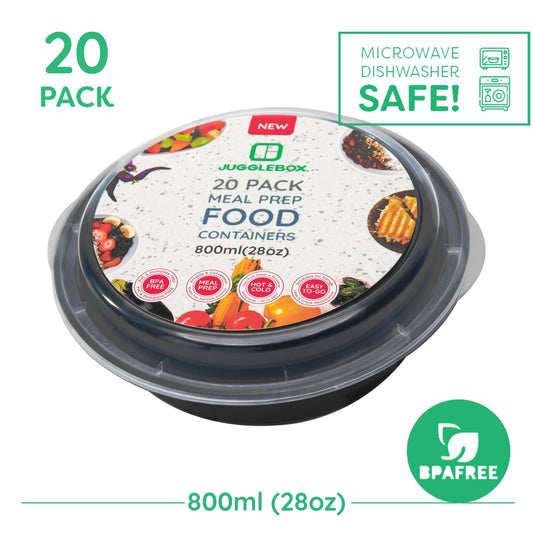 20 Pack Round Reusable Meal Prep Containers Black [800ml] - Jugglebox Australia